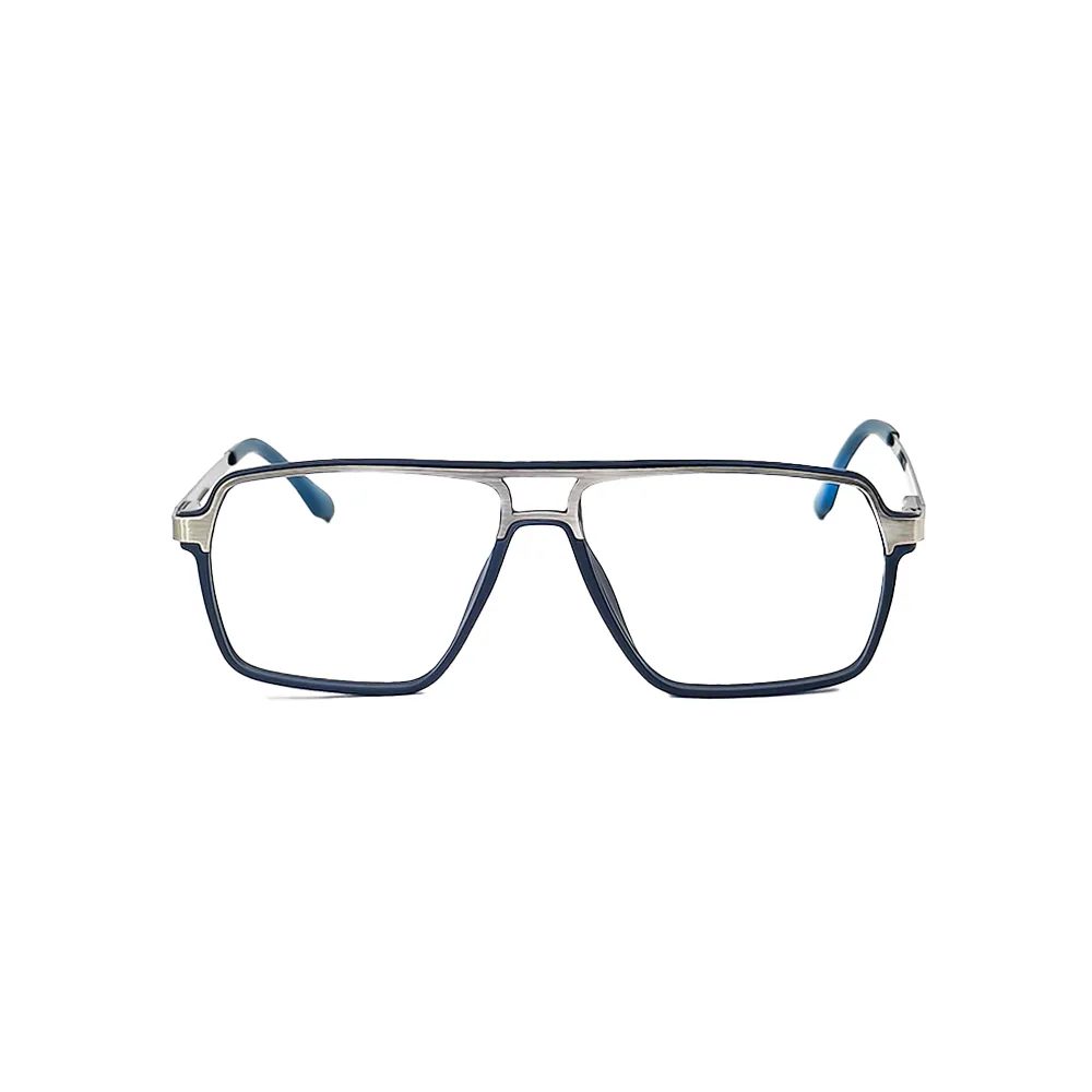 Close-up of metallic silver temples with bold blue frame