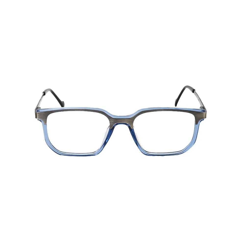 Side profile showing silver temples and glass blue frame